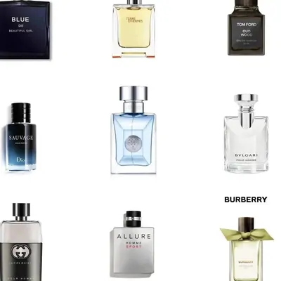 Nine fragrance bottles on white
