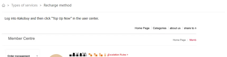 Breadcrumb on help article 64 reading Types of services, Recharge method