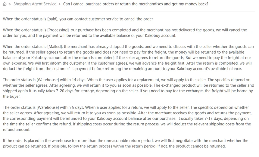 Help article 87 on cancelling orders and returning goods by order status