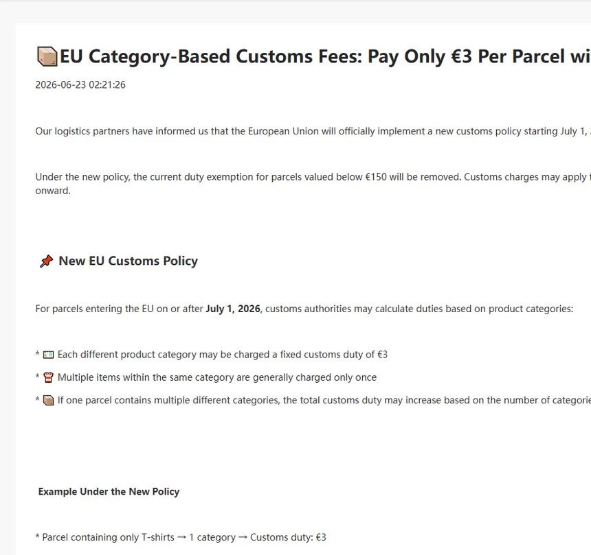 Kakobuy announcement on EU category-based customs fees, dated 23 June 2026