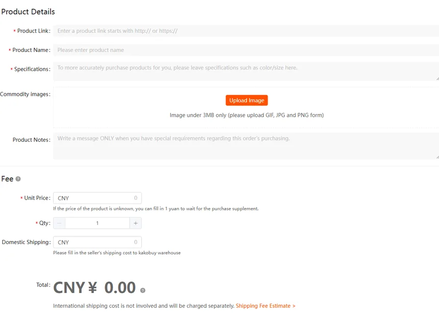The Kakobuy Fill and Buy manual order form with product link, name, specifications and fee fields