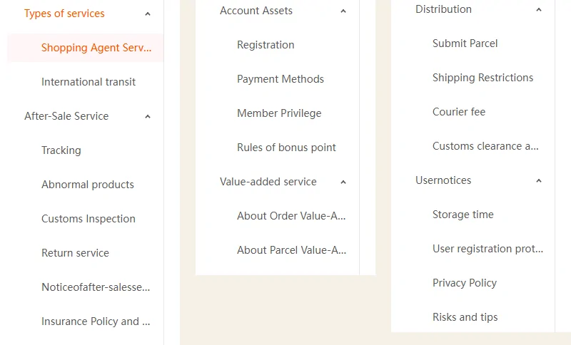 The Kakobuy Daily Questions menu split into three columns: services and after-sale, account and value-added, distribution and user notices