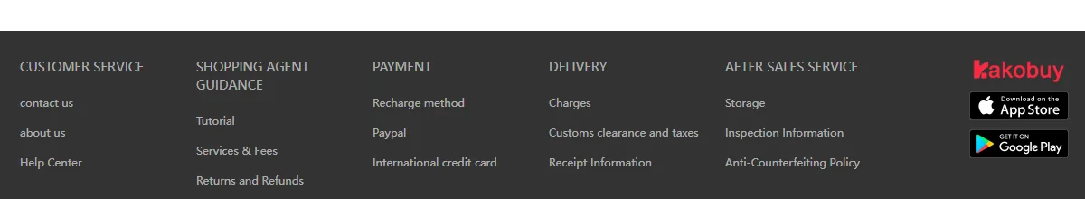 The footer of the Kakobuy home page with columns for customer service, guidance, payment, delivery and after-sales