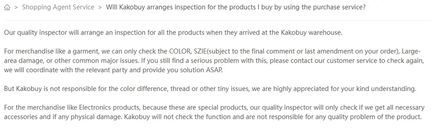 Help article 76 explaining what Kakobuy inspects for garments and electronics