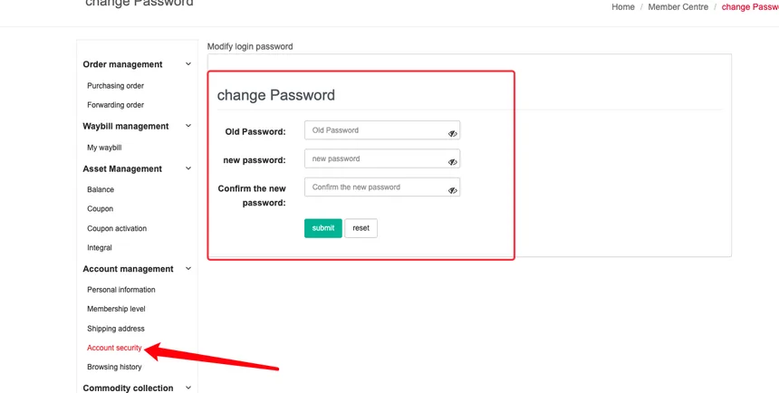 An older Kakobuy member centre with order, waybill, asset and account menus