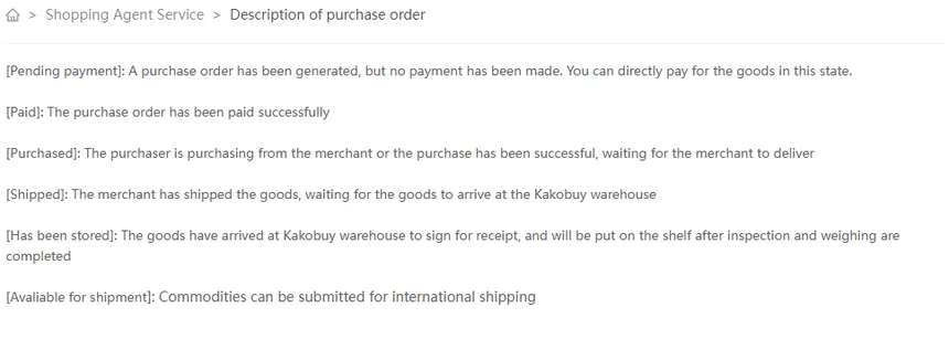 Help article 80 listing purchase order statuses from Pending payment to Available for shipment