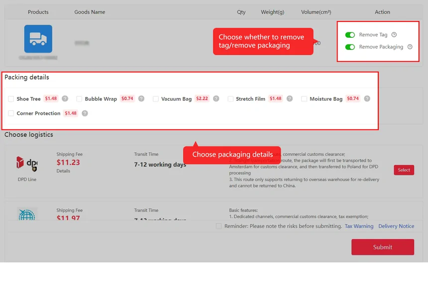 Kakobuy Submit Waybill screen with packing add-ons and shipping line choices