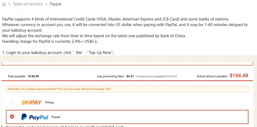 Help article 65 stating a PayPal fee of 2.9 percent plus 0.3 dollars, above a checkout screen with a processing fee line