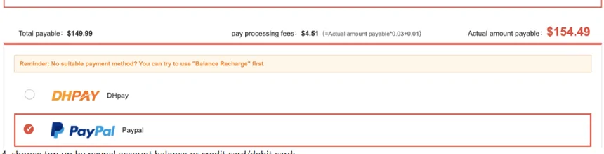 Checkout image inside help article 65 showing a processing fee of 4.51 dollars on 149.99