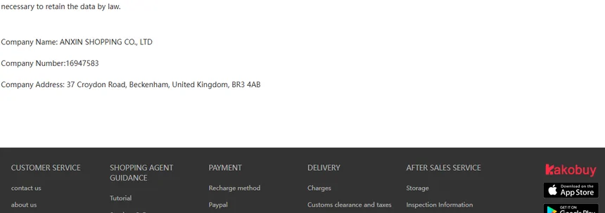 The end of the Kakobuy privacy policy naming ANXIN SHOPPING CO., LTD and its UK company number