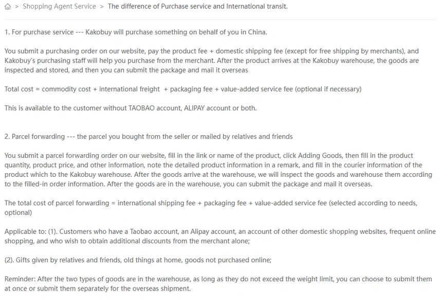 Help article 85 explaining the difference between purchase service and parcel forwarding