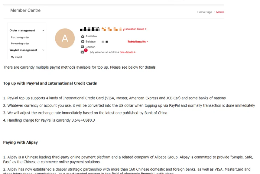 Help article 64 on top-up methods, mentioning the Bank of China exchange rate and the PayPal handling charge