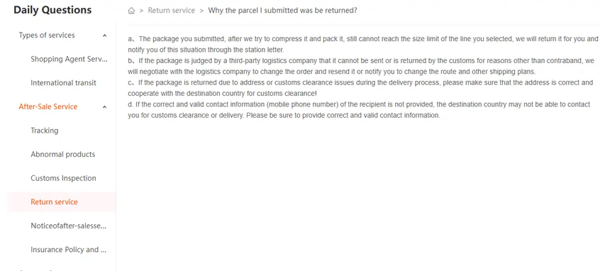 Help article 37, Why the parcel I submitted was returned, listing four reasons