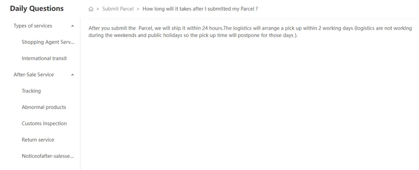 Help article 106 on how long it takes after submitting a parcel, with the help menu alongside