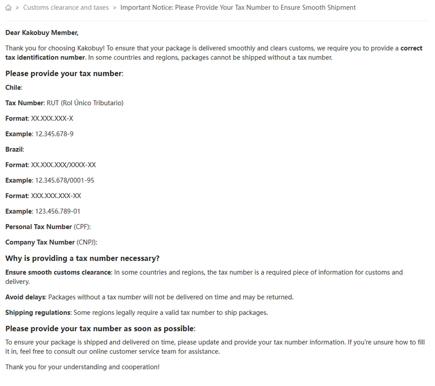 Help article 126 asking for a tax number, with formats for Chile and Brazil