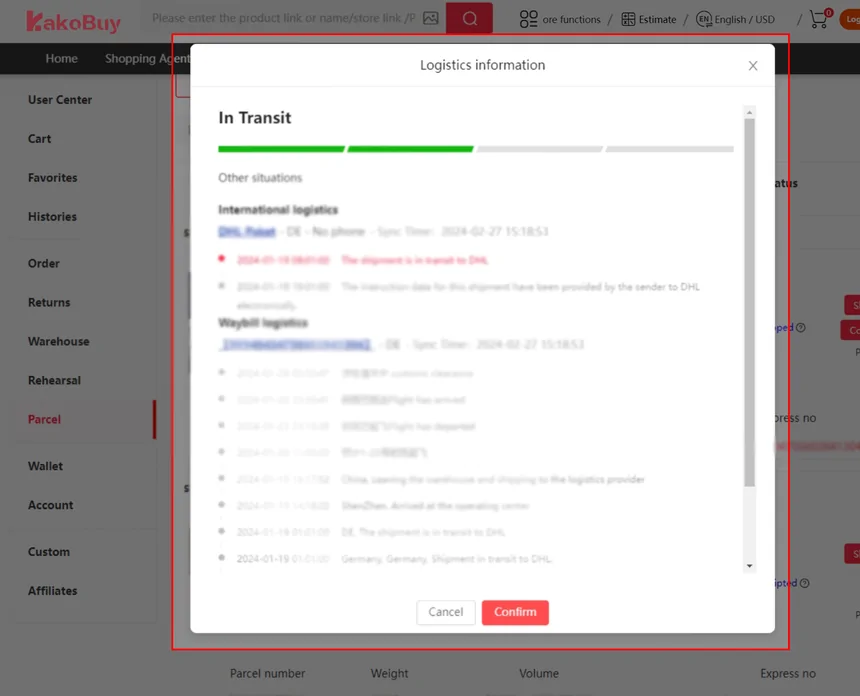 Kakobuy logistics information window showing an In Transit parcel with tracking events