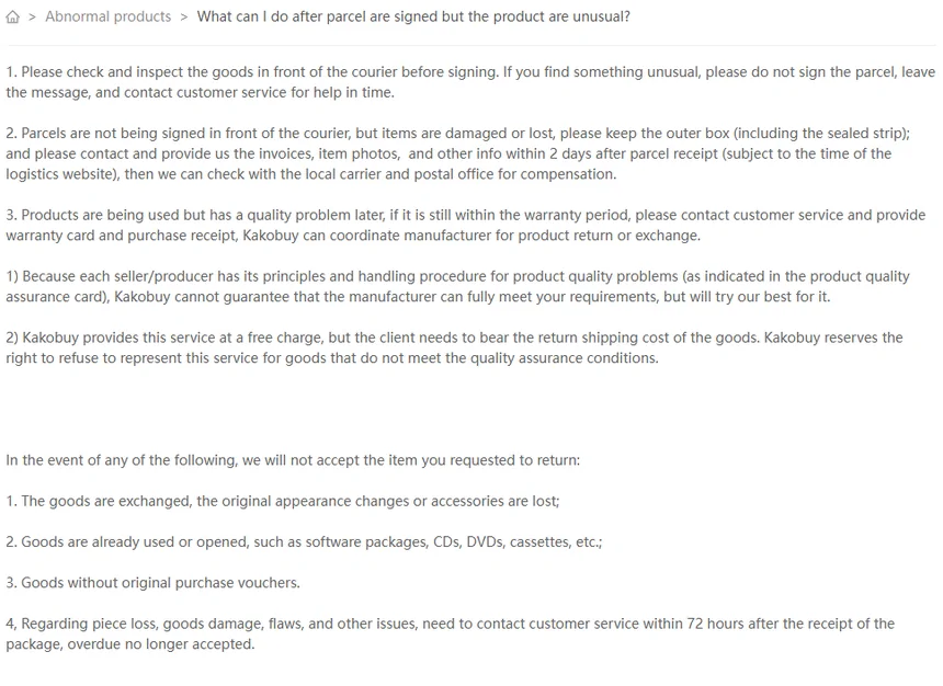 Help article 33 on what to do when a signed parcel contains unusual products