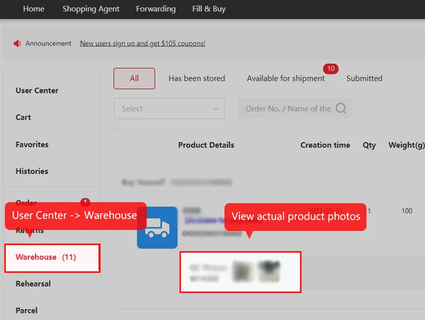 Kakobuy User Center Warehouse tab with QC Picture thumbnails boxed in red
