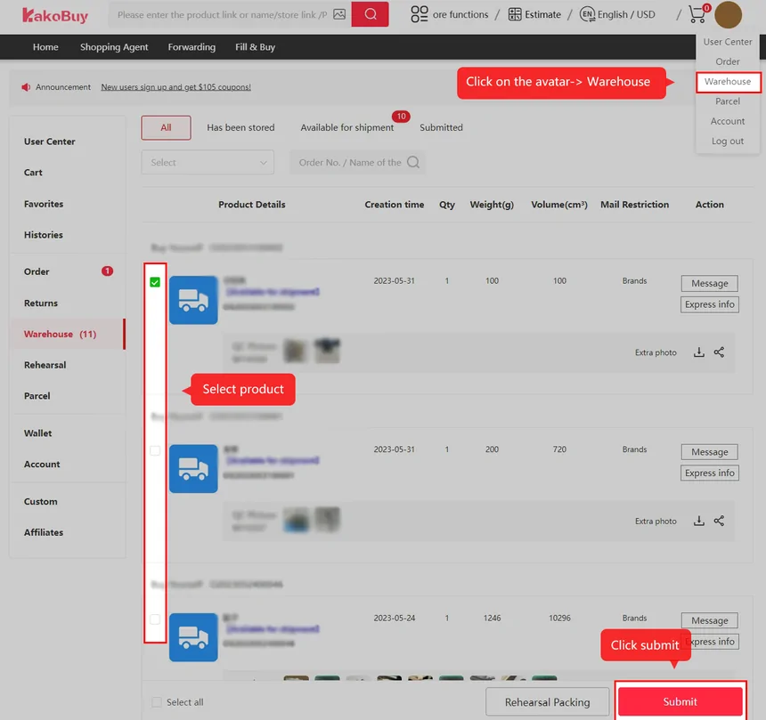 Kakobuy warehouse list with weight, volume and mail restriction fields and the Rehearsal Packing and Submit buttons