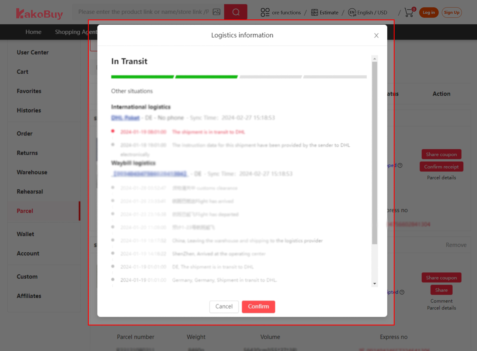 Follow logistics events from the parcel record